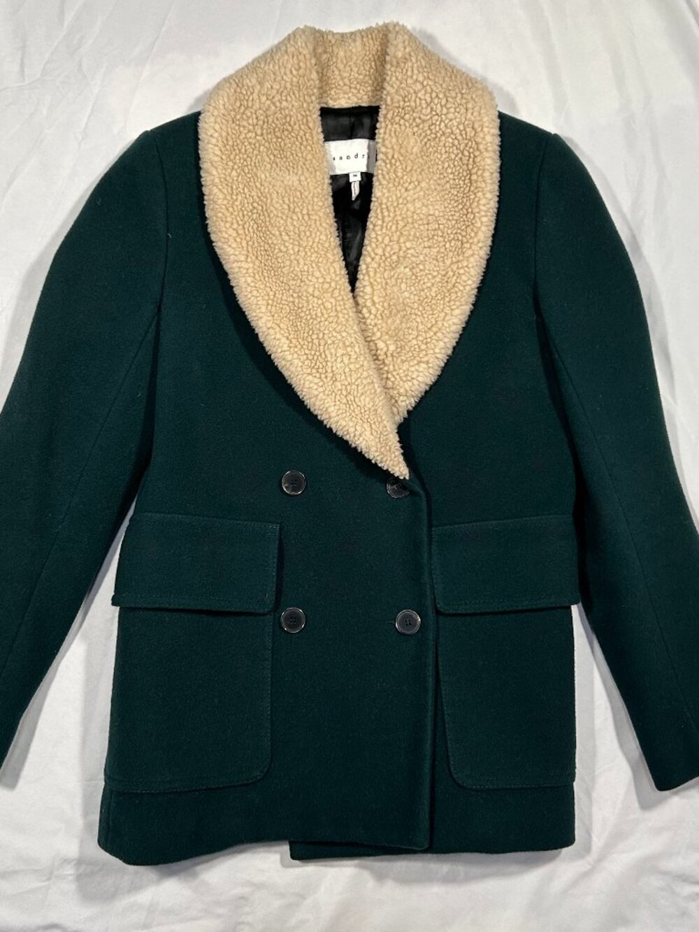 Sandro Studios Green Wool Double Breasted Peacoat Detachable Fur Collar 4 S